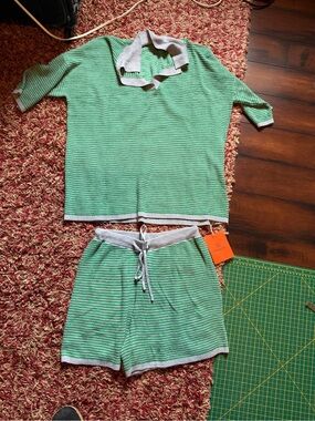 Green Striped Two-Piece summer knit set- Grey Trim